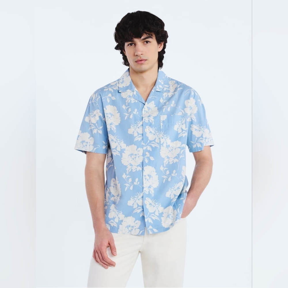 2XL Free Assembly Men's Floral Cotton Camp Shirt Hawaiian Tropical Beach Travel